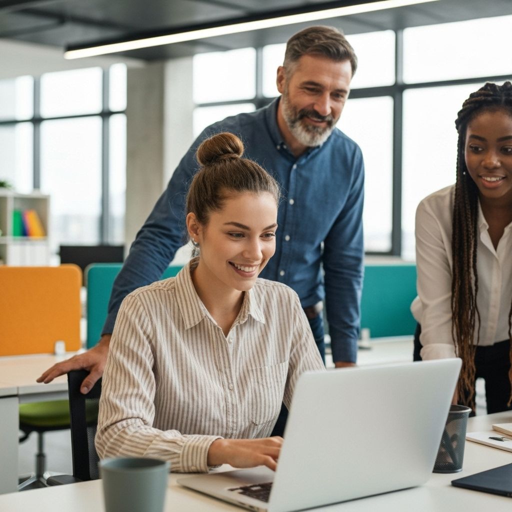 Smiling woman at laptop with colleagues in modern office