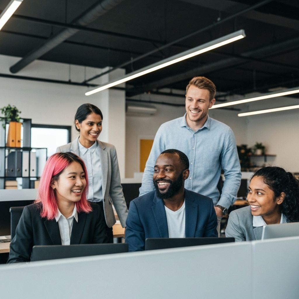Diverse team of professionals working together in modern office