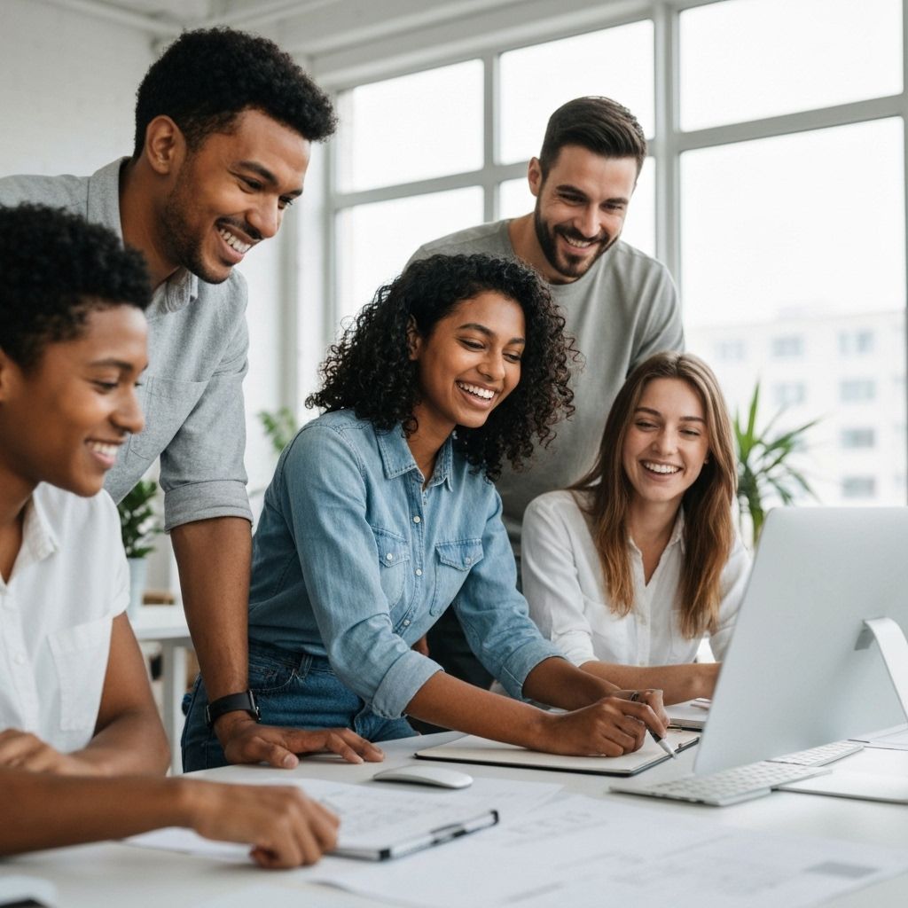 Happy professionals collaborating in modern office